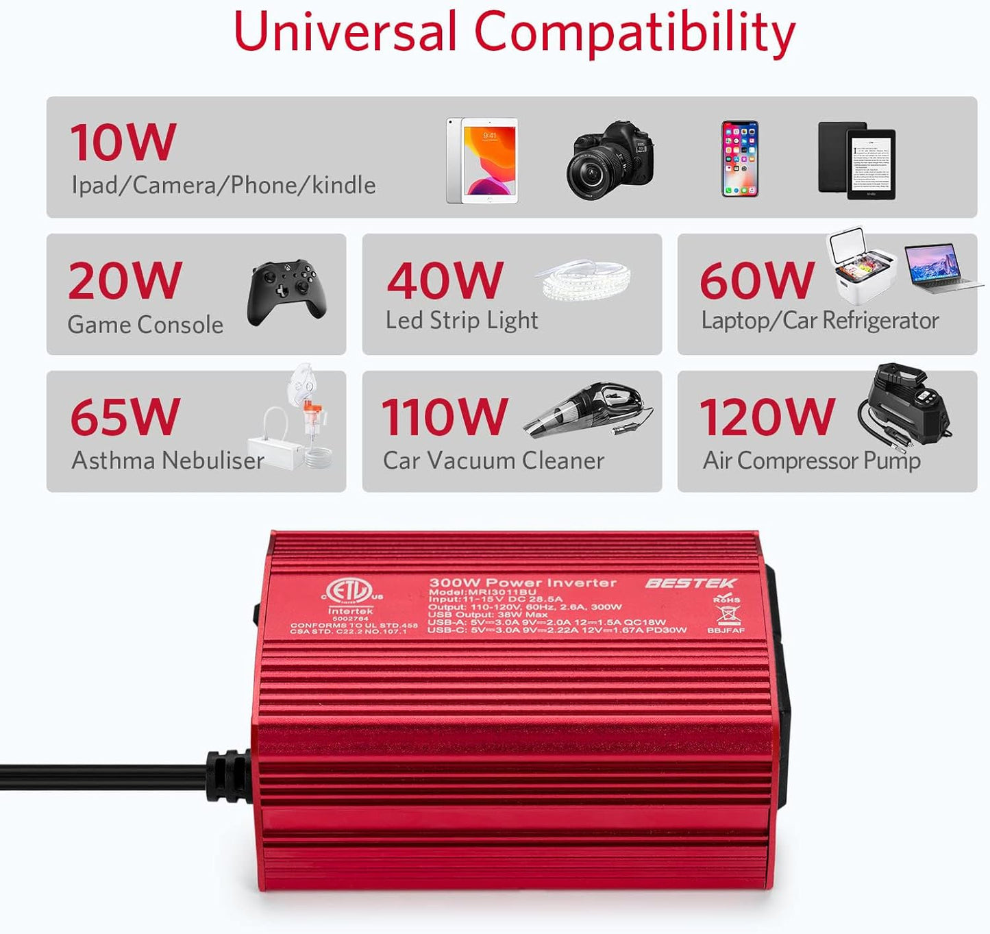 BESTEK 300W Power Inverter - DC 12V to 110V AC Converter, Fast Car Charger Adapter with 30W USB-C/18W Quick Charge/Dual 110V AC Car Plug Outlet for Laptop