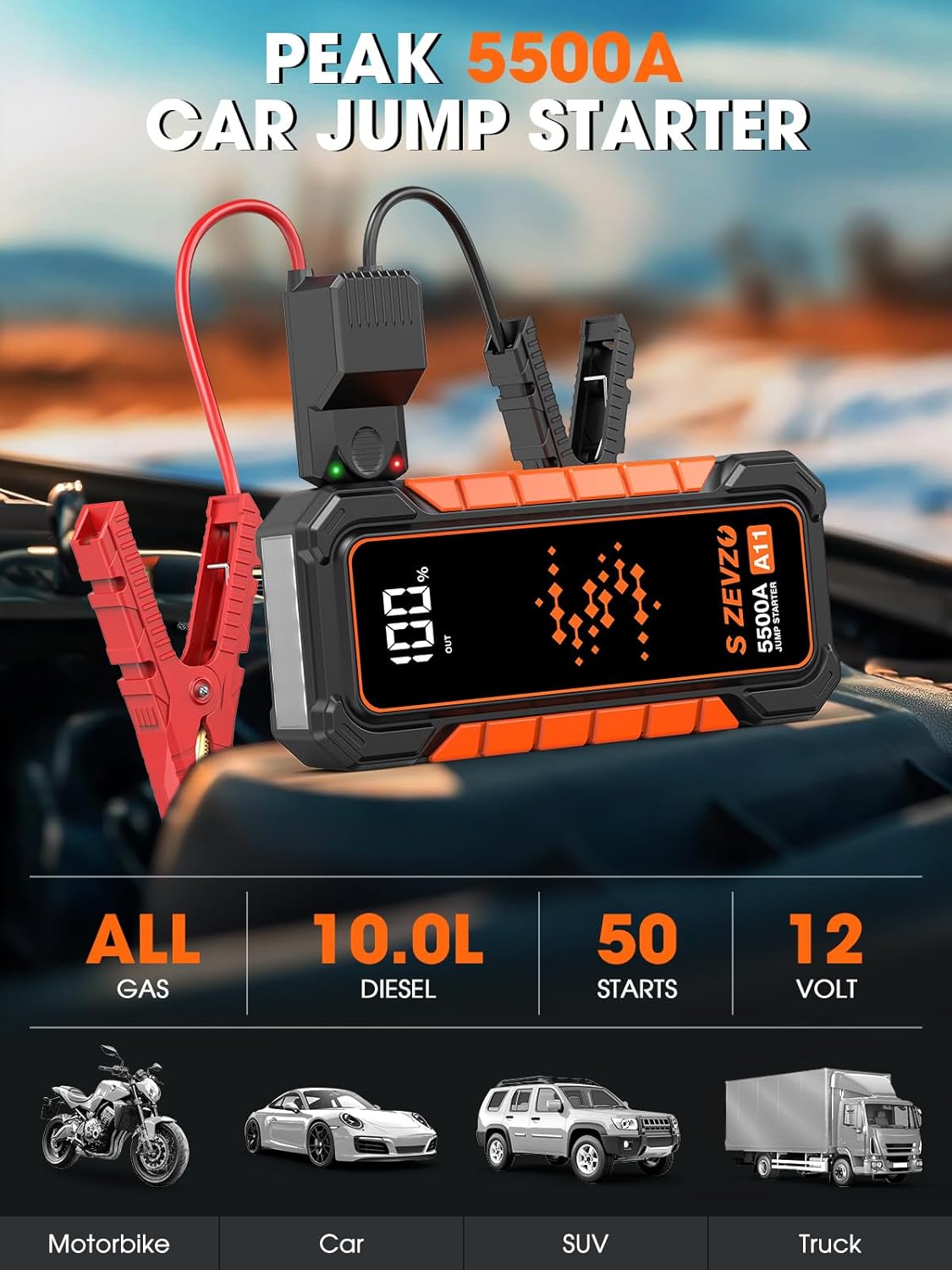 S ZEVZO A11 5500A Car Battery Jump Starter, 88.8Wh Battery Jumper Starter Portable (All Gas & 10.0L Diesel Engines) 12V Lithium Jump Box with LCD Display, 3 Modes Flashlight, USB Quick Charge and Case