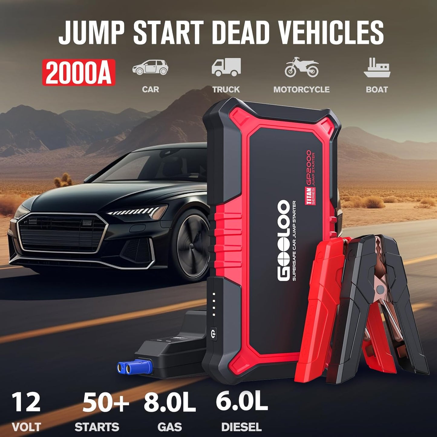GOOLOO New GP2000 Jump Starter, 12V 2000A Car Jumper Starter(Up to 8.0L Gas, 6.0L Diesel Engines), SuperSafe Portable Battery Charger, Auto Lithium Box Booster Pack with USB Quick Charge, red