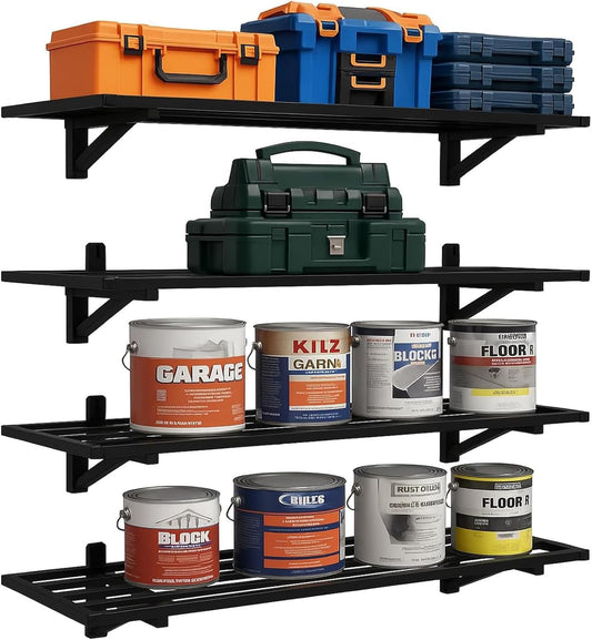 4-Pack 1.5x4ft Garage Shelving Wall Mounted, 1200lbs Load Capacity, Heavy Duty Garage Storage Shelves, Storage Rack, Black
