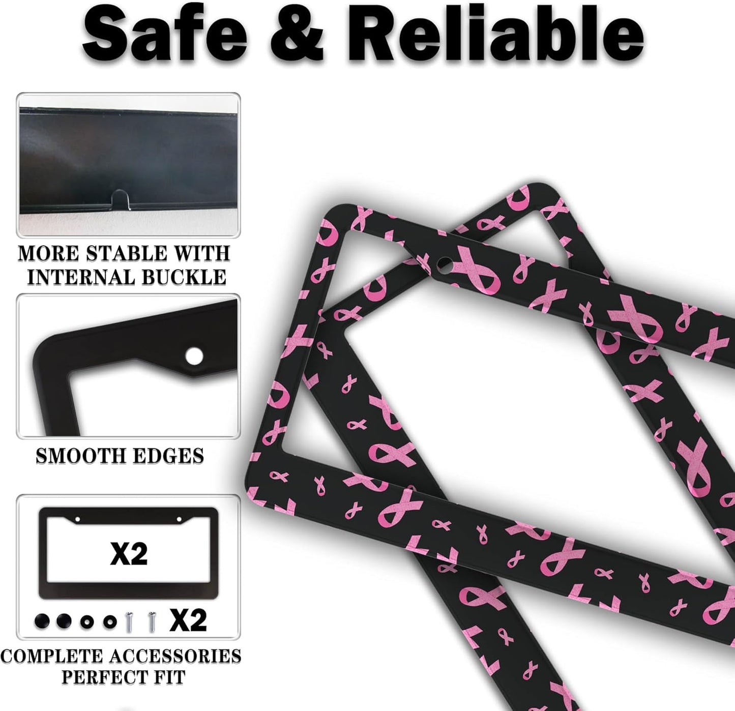 License Plate Frames for Men Black Powder Car License Plate Frame for Women Pink Ribbon Aluminum Metal Car Accessory 2 Pack with Screw Covers Set