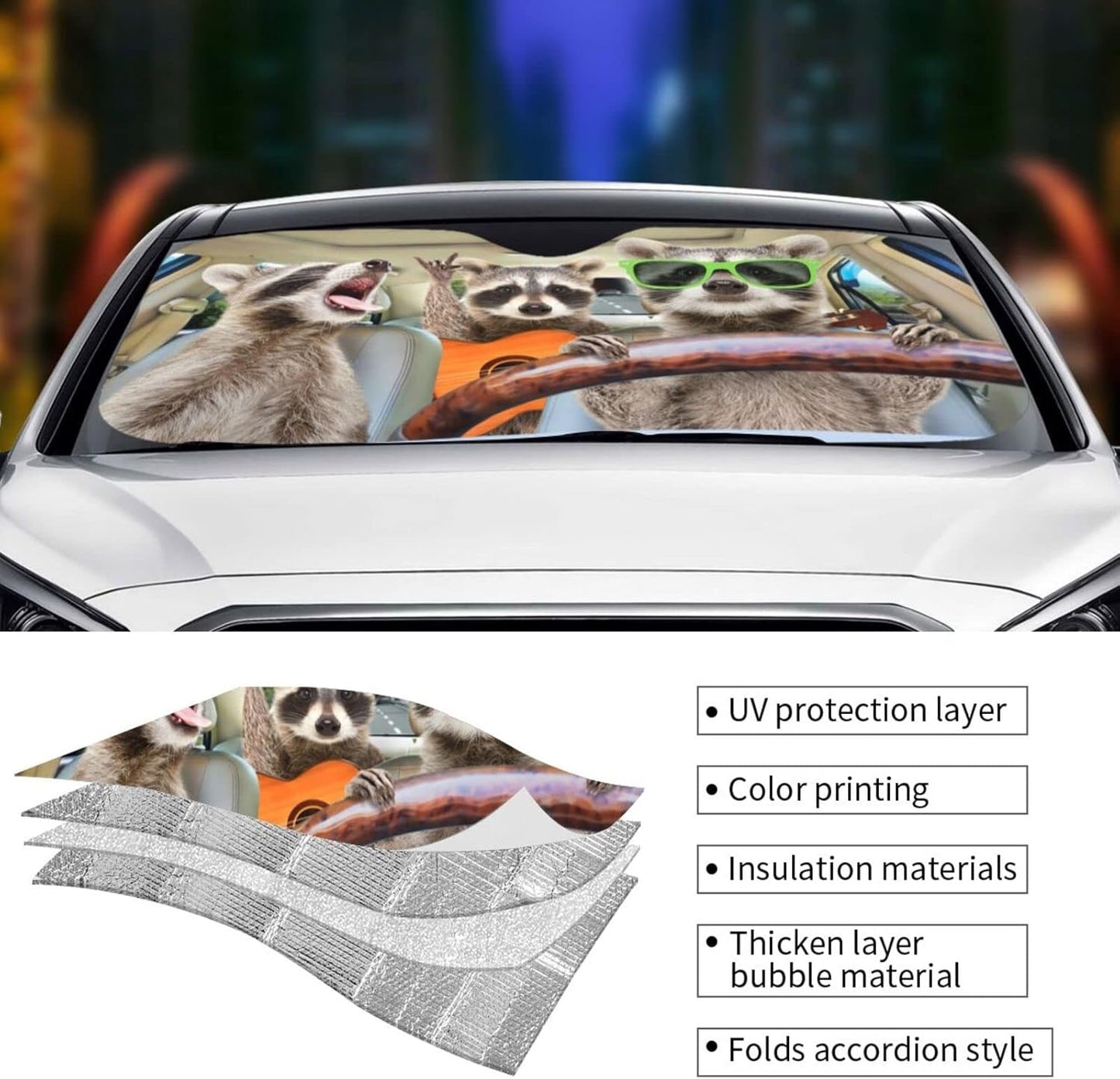 Raccoon Driving Car Windshield Sunshade Front Window Sun Visor Protector Foldable Shield Cover for Truck SUV