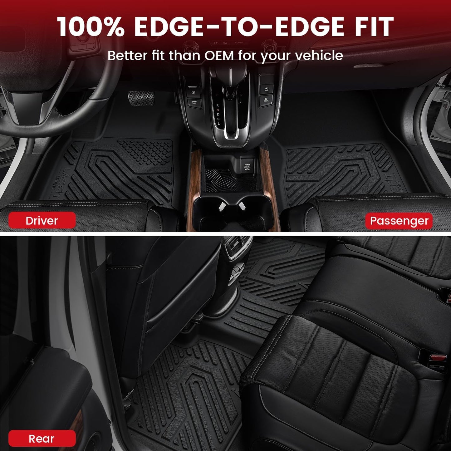 LASFIT Floor Mats for Honda Ridgeline 2025 2024 2023-2017 Crew Cab, All Weather Protection TPE Non-Slip Custom Fit Automotive Accessories Floor Liners 1st & 2nd Row, Black