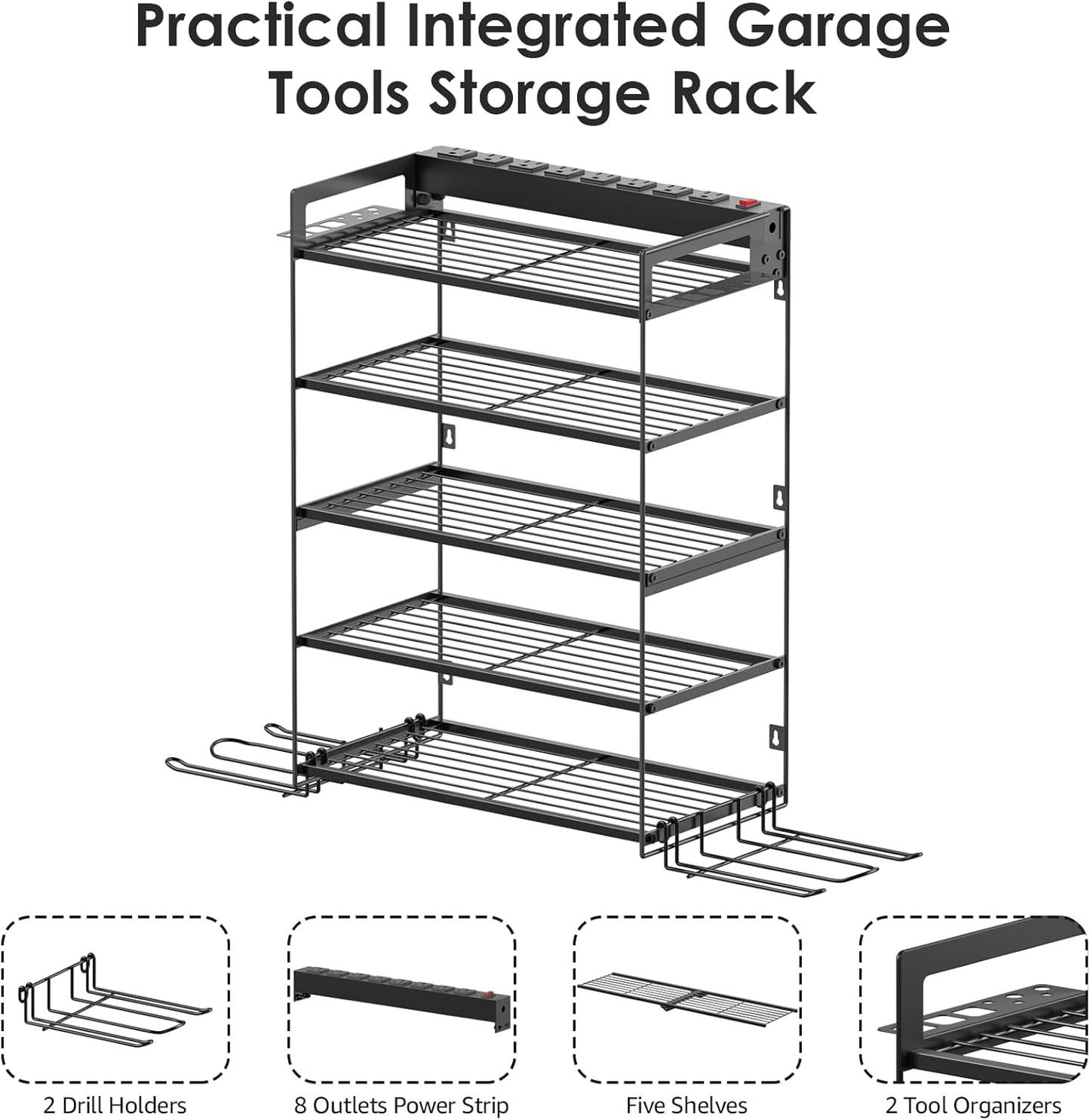 CCCEI Garage Tools Storage with Charging Station. Power Tool Battery Organizer Utility Shelf with Power Strip. 4 Drills Holder Wall Mount Rack, Black 5 Layer.