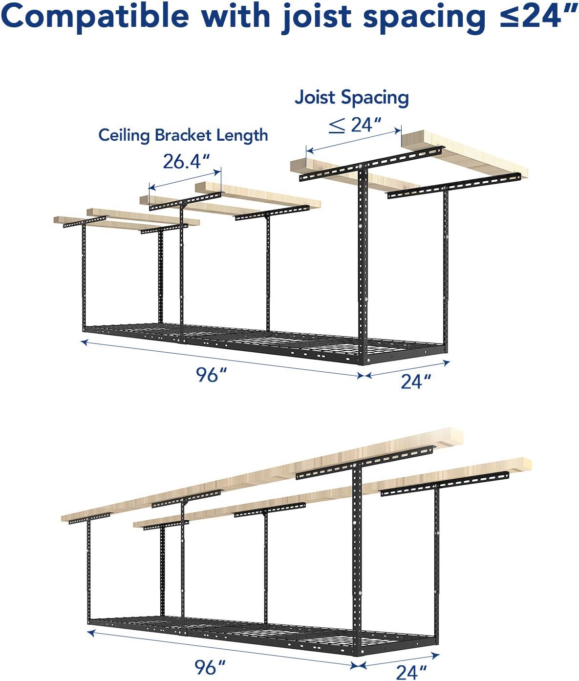 FLEXIMOUNTS 2x8 Garage Storage Rack, Adjustable Overhead Storage Organization System, Heavy Duty Metal Ceiling Rack, 400lbs Weight Capacity, Black