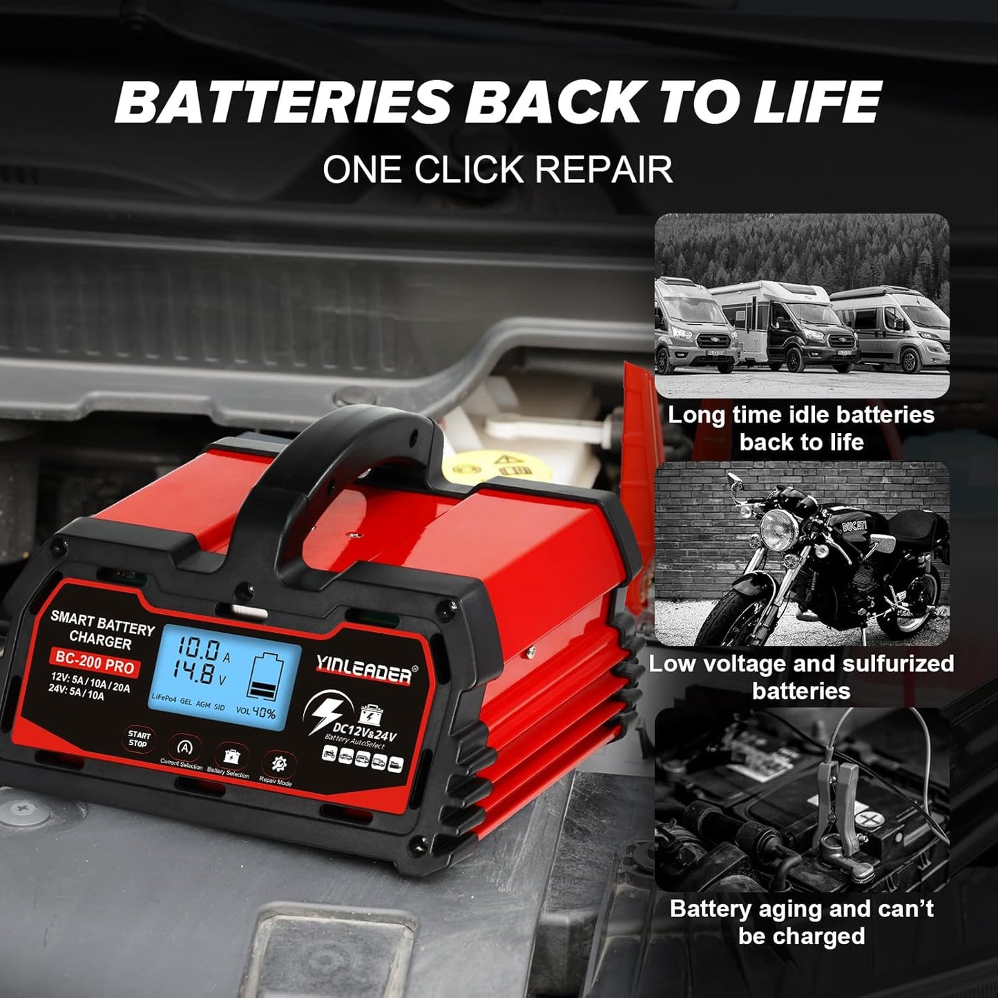 Battery Charger 20A, 12V/24V Lead Acid Smart Battery Charger, 12V LiFePO4 Car Battery Trickle Charger, Automatic Battery Maintainer for Car Motorcycle Lawn Mower Marine Boat Lead Acid Batteries