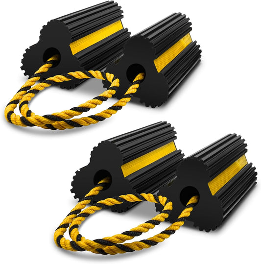 ROBLOCK 2 Pairs Wheel Chocks Heavy-Duty Rubber Wheel Block Non-Slip Base with Nylon Rope Yellow Reflective Tape - 4 Pack Wheel Stopper for Travel Trailers, Car, Camper, Truck, Black