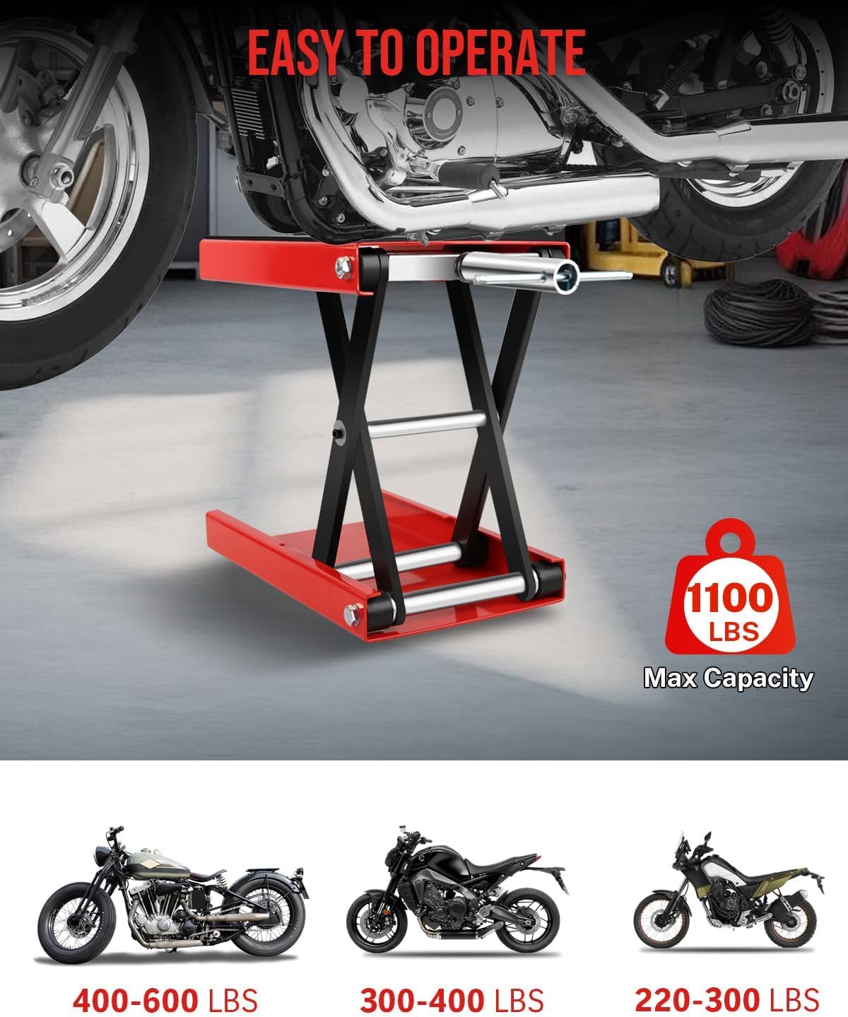 Motorcycle Scissor Jack - 1100LBS Heavy Duty Motorcycle Lift with Safety Lock Pin & Non-Slip Saddle, Manual Crank Handle, 3.7"-18.7" Lift Range for Dirt Bike Stand, Cruiser & ATV Garage Repair