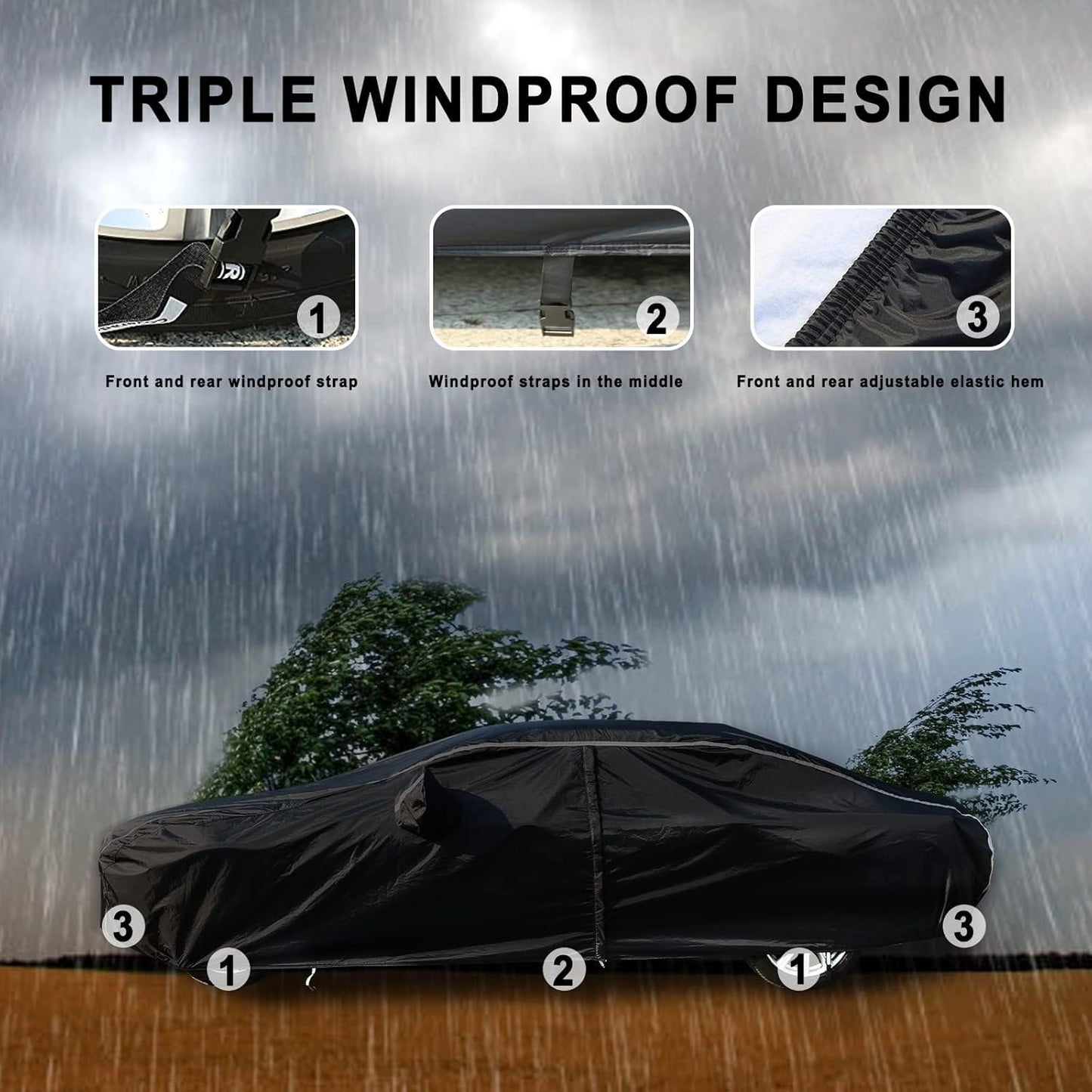Tecoom Car Cover Waterproof All Weather, Outdoor Indoor Car Covers with Zipper Door, Cotton Backing Full Exterior Covers, Snowproof UV Protection Windproof, Universal Fit for Sedan (191"-200")