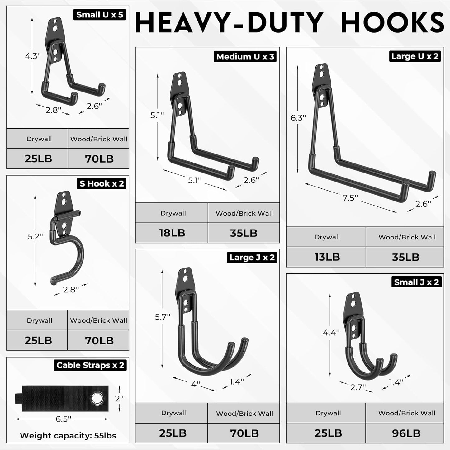 BONTEC Heavy Duty Garage Hooks, Anti-Slip Coated Black Steel with Strong Load Capacity, Multi-Sized U and J Hooks, Easy Wall Mount for Garage, Garden, Workshop (Black, 18 Pack)