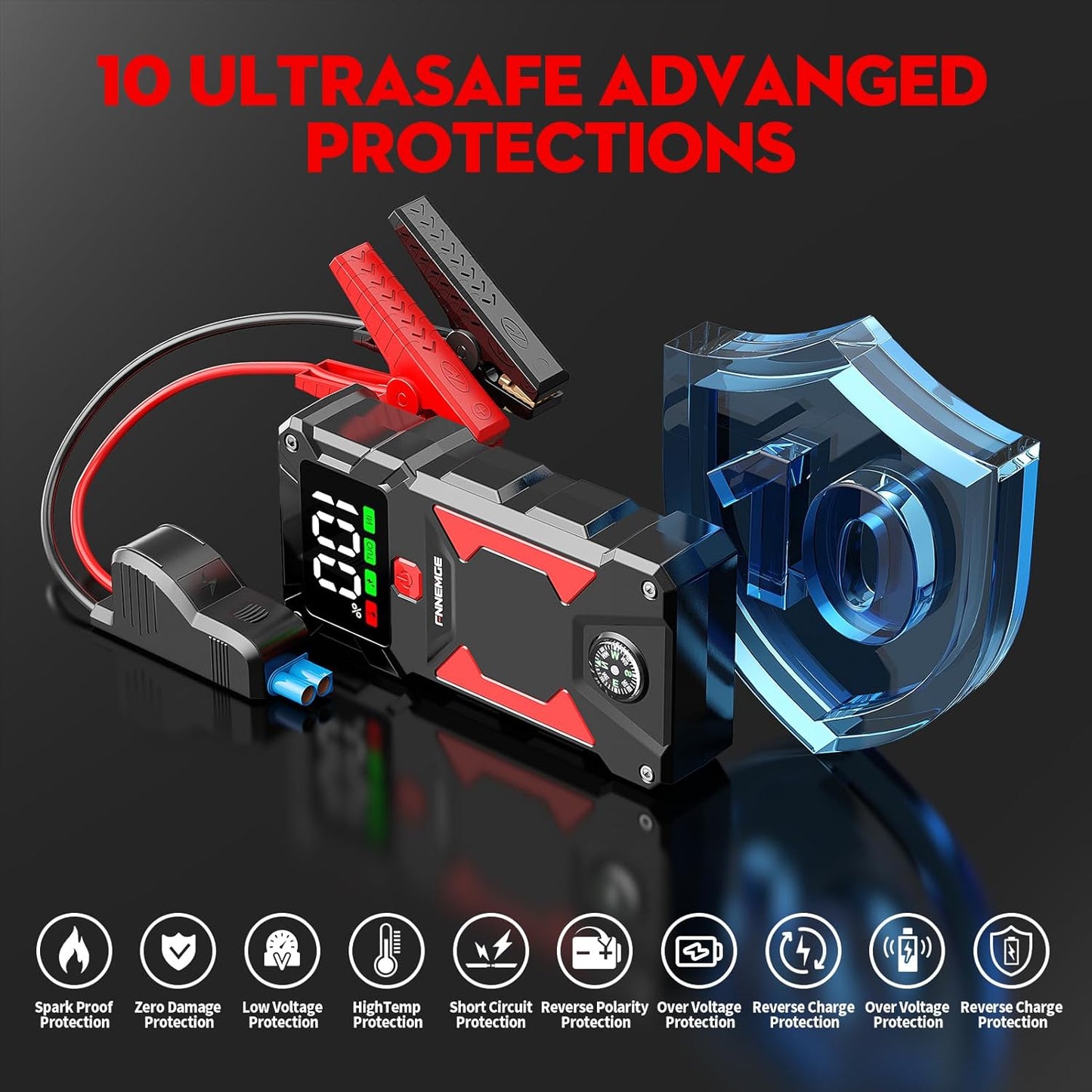 Car Jump Starter, 5000A Peak 24800mAh 12V Car Battery Starter(Up to All Gas, 8.0L Diesel Engine), with with USB Charge Output Port,LED Light,HD Large Screen,12V EC-5 Output.