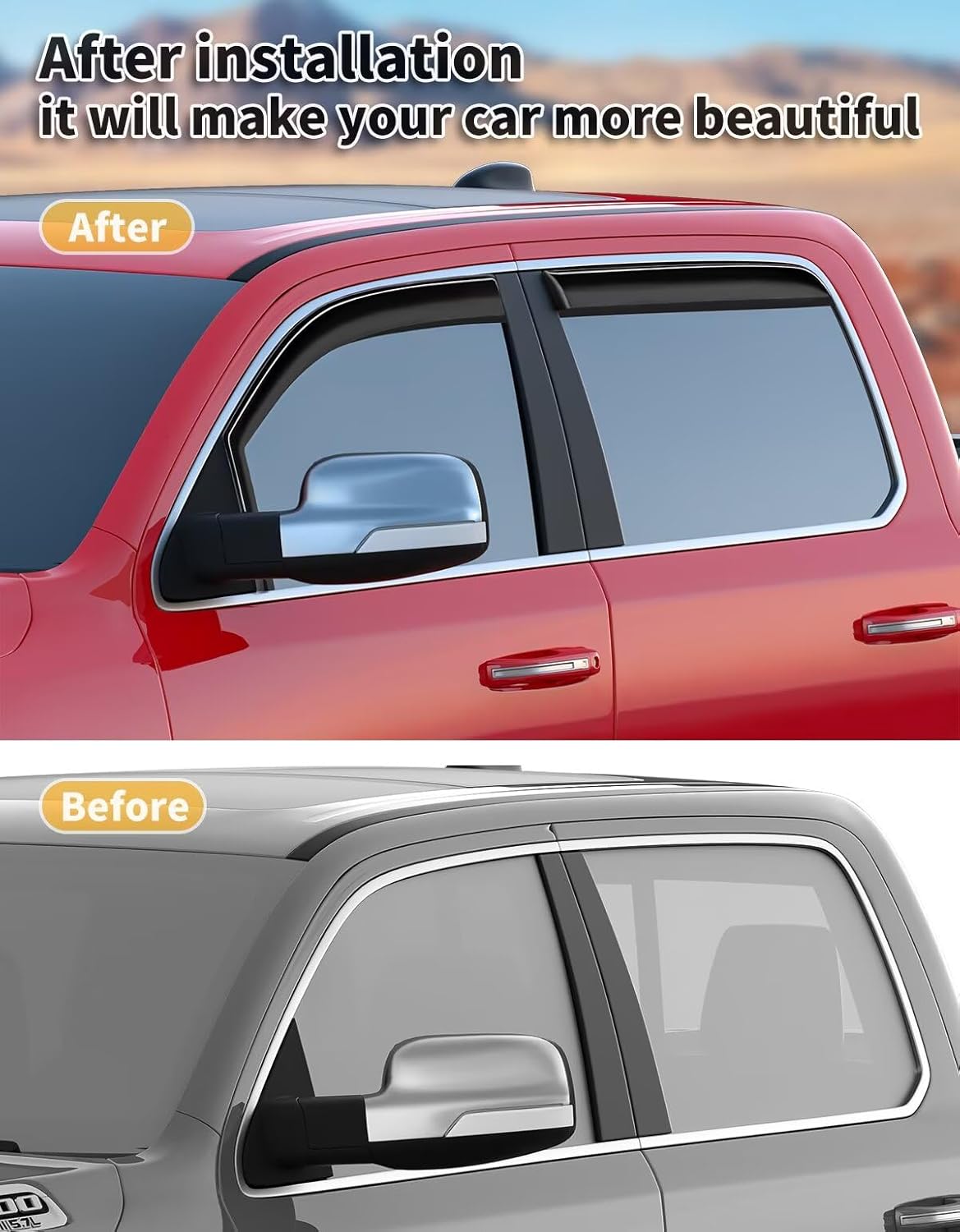 in-Channel Window Rain Guards Fit for Truck Dodge RAM 1500 (New Body Style Includes TRX) 2019-2025 Crew Cab Extra Durable Window Visors Window Deflectors Vent Shades Car Accessories-4 pcs