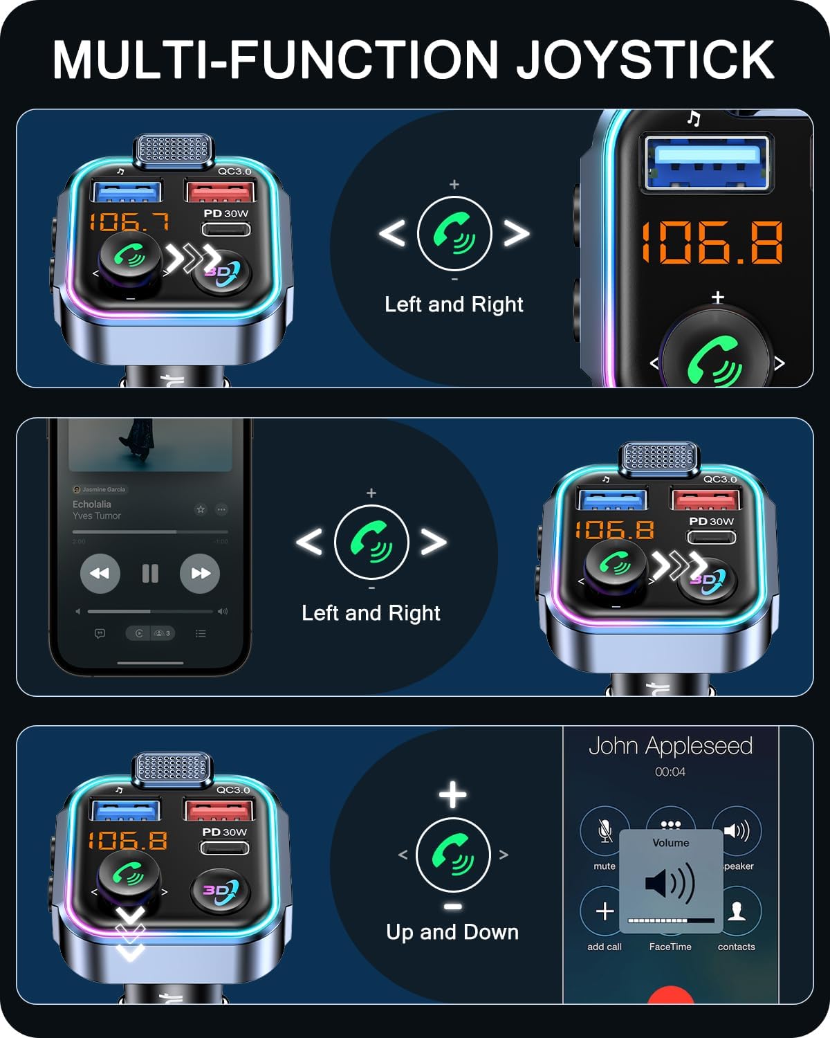 LENCENT Bluetooth 5.3 FM Transmitter, Wireless Radio Adapter Car Kit with Type-C PD 30W+ QC3.0 Fast USB Charger, Hands-Free Calling, Audio Stereo Mp3 Player Receiver, Supports U Disk, Color Light