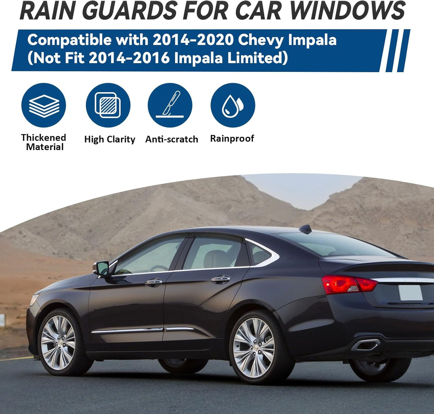 4pcs Front+Rear Smoke Tint Sun/Rain Guard Outside Mount Tape-On Vent Window Visors Compatible with 14-20 Impala New Body