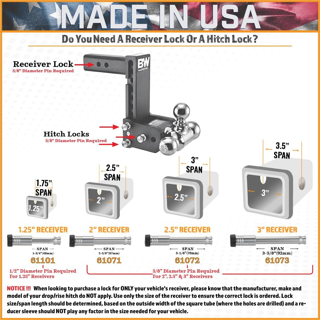 2" & 2.5" Receiver Lock, Heavy Duty Hitch Lock Pin, American Made In USA, Best Truck Accessories - Locking Hitch Pin, 5/8 Hitch Pin Lock, Anti-Theft Hitch Pin, Towing Accessories