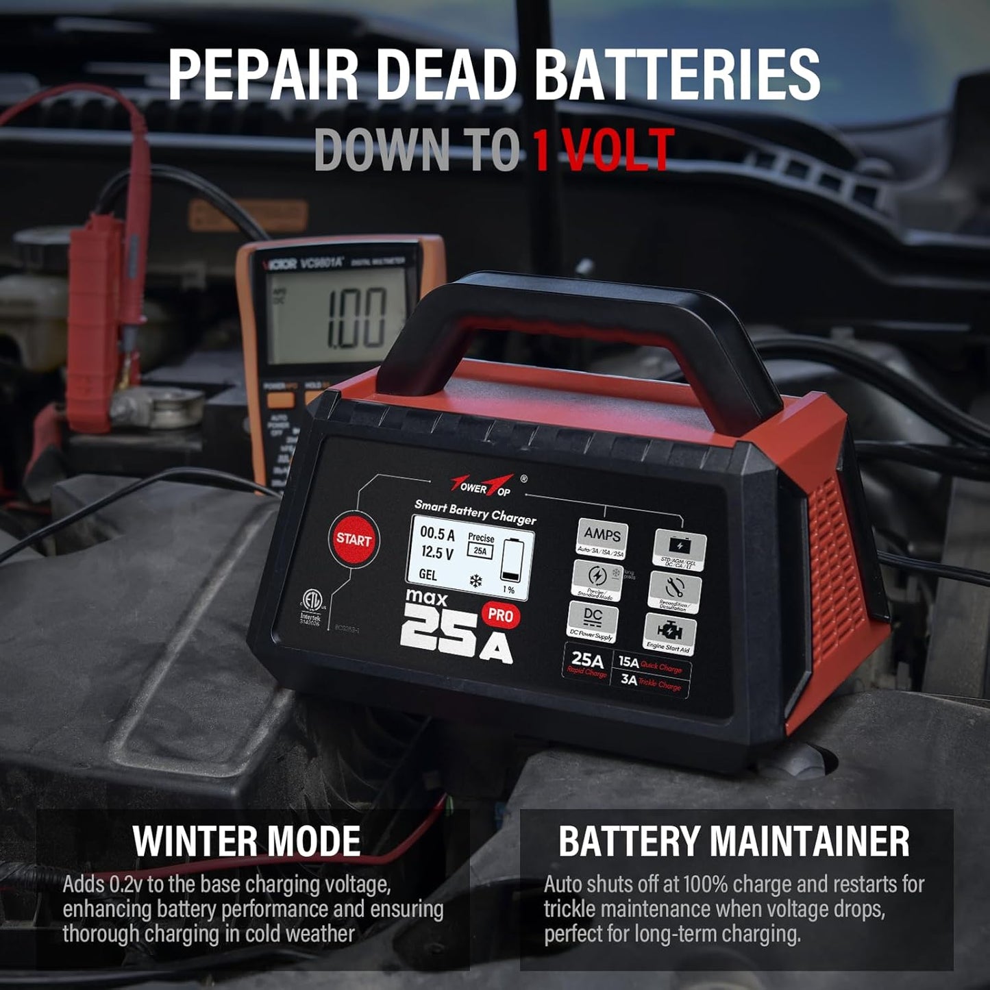 TowerTop 25A Max Pro Battery Charger: 12V Fully Automatic Smart Trickle Charger, Automotive Battery Maintainer with Engine Start, DC Supply, Winter Mode, Recondition,Desulfation, for Lead Acid/Lithium