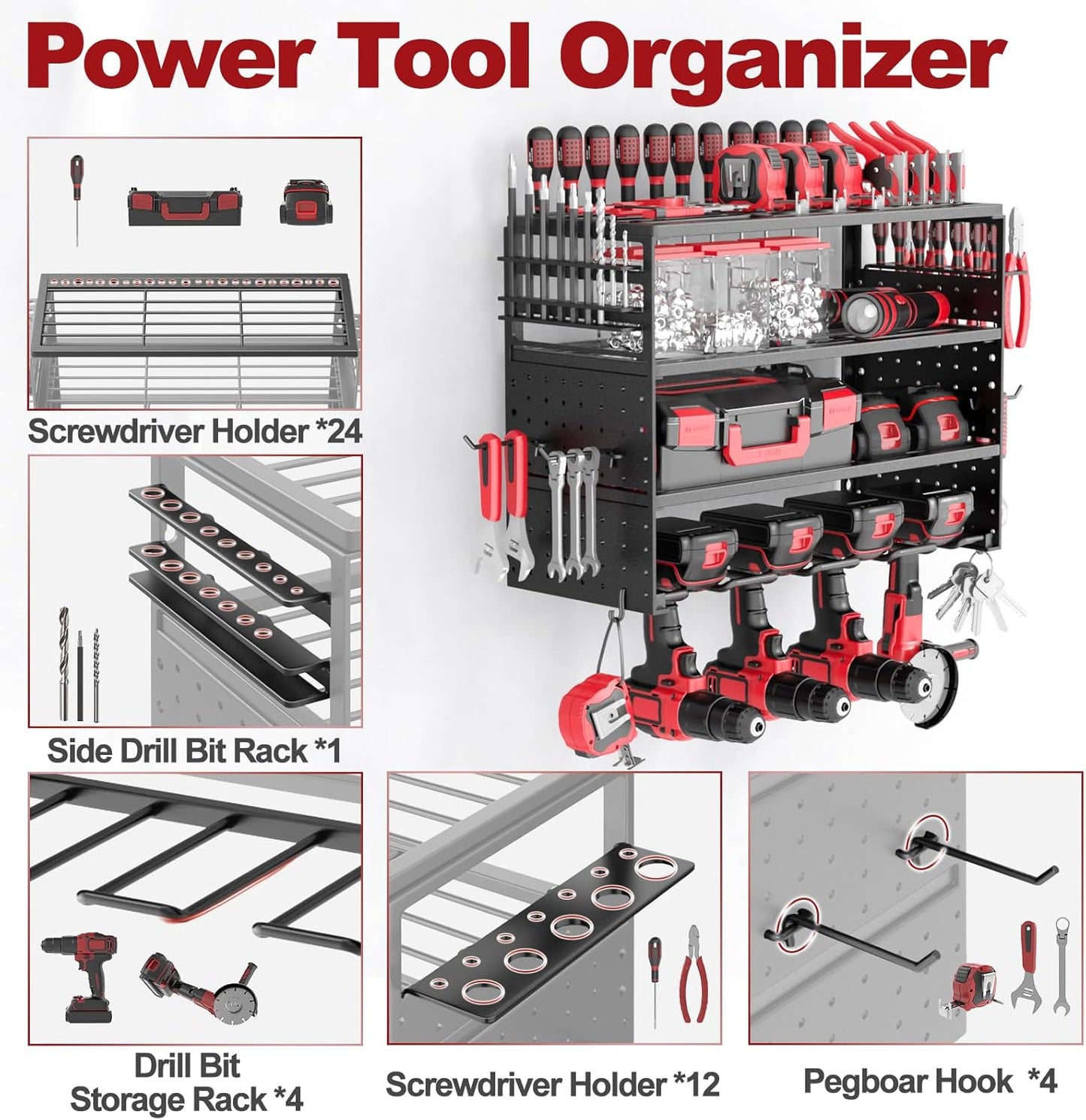 Power Tool Organizer Wall Mount - 4 Layer Metal Power Tool Storage Rack, Cordless Drill Holder with 4 Hooks, Utility Storage Rack for Garage Workshop Shed Pegboard