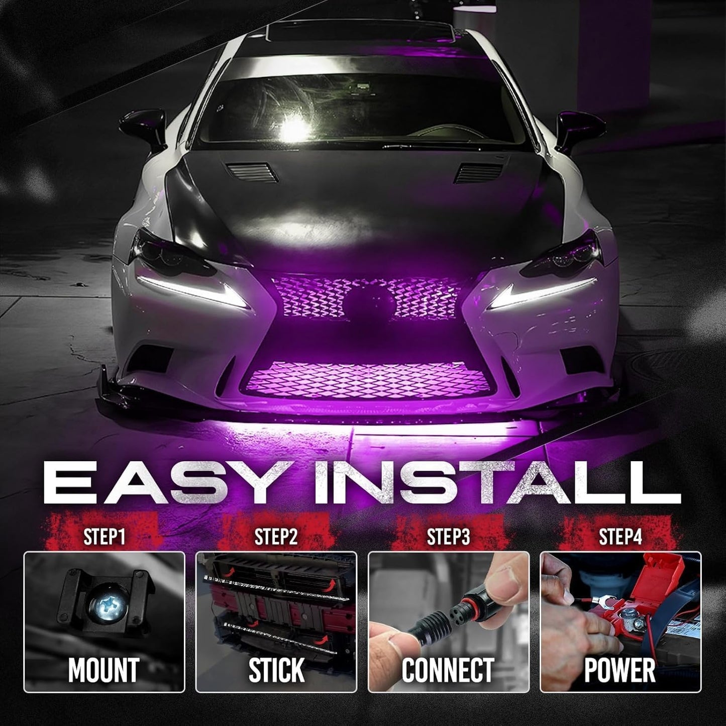 OPT7 Aura Pro RGB LED Grille Lights with App & Remote Control, 4pc 24" Light Strips, Waterproof Front Grill Lighting, Music Sync, Multi-Color, Trucks Decor Accessories for Tacoma Tundra 4Runner