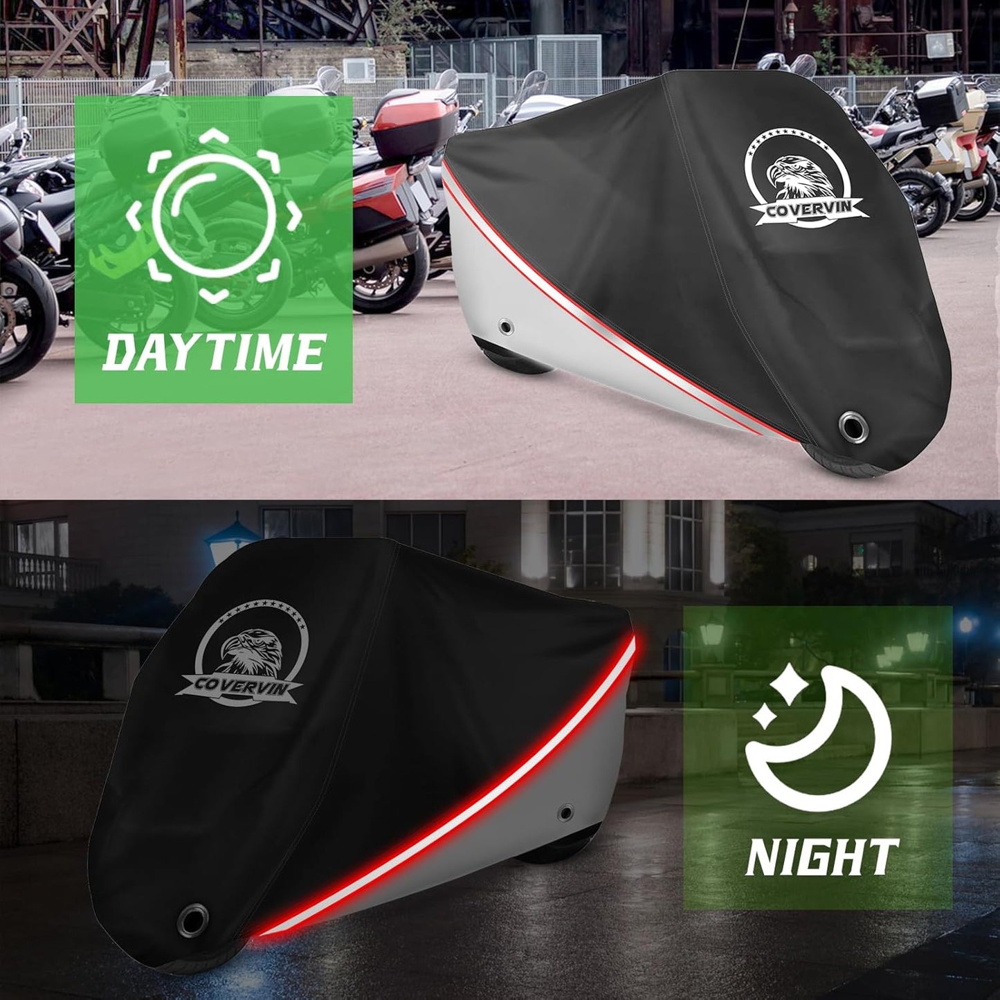 COVERVIN Motorcycle Cover, All Weather Outdoor Waterproof Night Protection with Reflective Strips, Locking Holes and Storage Bag for 104 Inch Suzuki, Kawasaki, Honda, Harley-Davidson(Silver XXL)