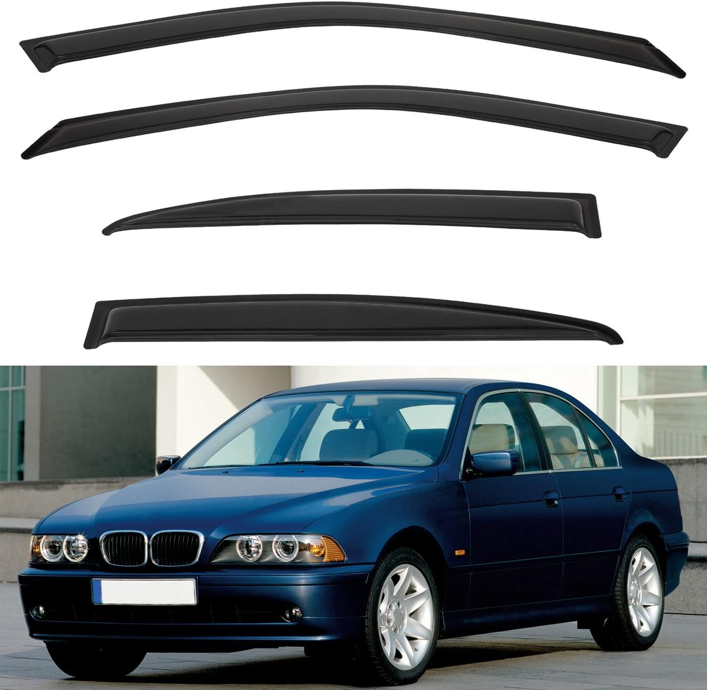 4pcs Front+Rear Smoke Tint Sun/Rain Guard Outside Mount Tape-On Vent Window Visors Compatible with 97-03 E39 5-Series 4-Door Sedan M5 525 528 530 540 i