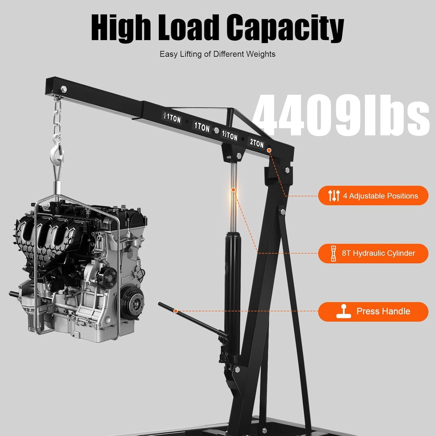 LOYALHEARTDY 2 Ton Hydraulic Engine Hoist, Folding Engine Lift with 6 Wheels, Heavy Duty Steel Shop Engine Crane, Cherry Picker Engine Hoist for Garage, Workshop, 4400 LBS (Black, 2 Ton)