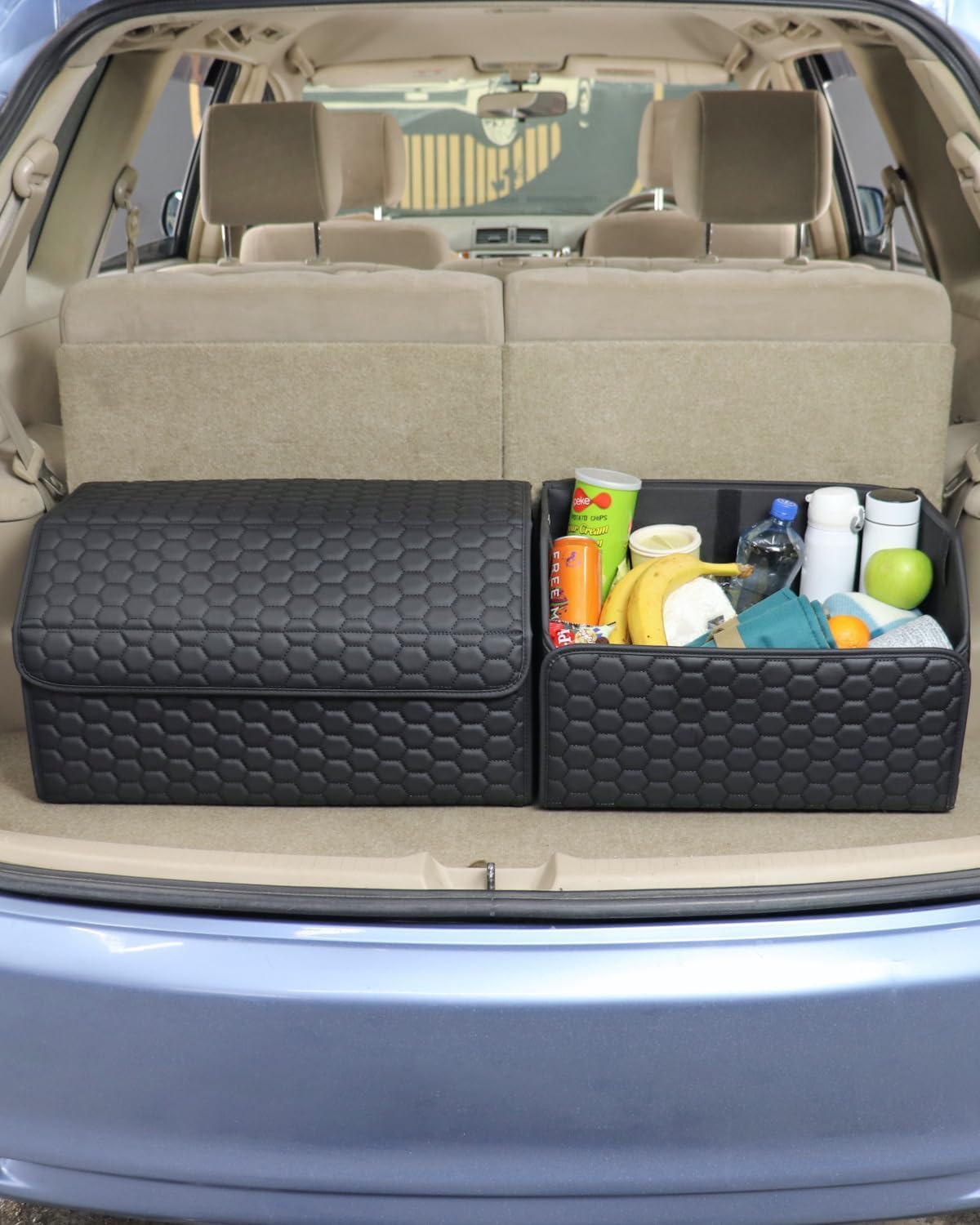 Cargo Organizer 17.7" - Compact Storage Totes With Lids For SUV, Sedan Or Truck - Durable Car Crate For Travel Essentials - Unique Gifts For Dad (Black 17.7)