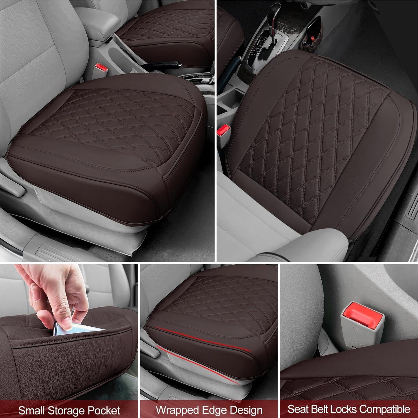 2 Pack Leather Front Car Seat Cover Bottom Car Seat, Anti-Slip and Full Wrap Driver Seat Protectors with Storage Pocket, Luxury Waterproof Bottom Auto Seat Cushion Pad Mat for Most Vehicles(Coffee)