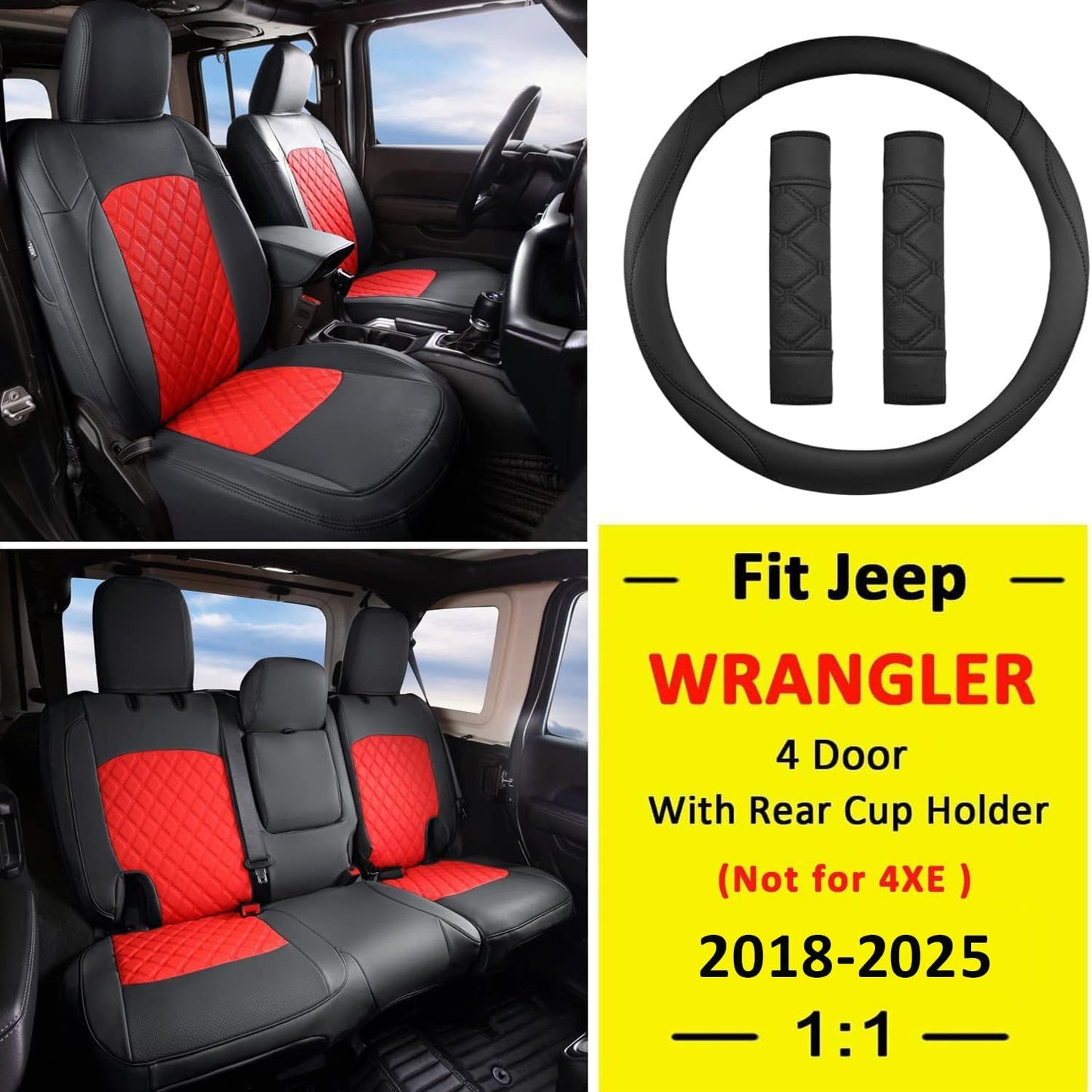 GIANT PANDA Fit Full Set Car Seat Covers for Jeep Wrangler 4 Door JL Sahara Altitude Rubicon 392 Unlimited 2018 2019 2020 2021 2022 2023 2024 2025 with Rear Cup Holder,Faux Leather - (Black+Red)