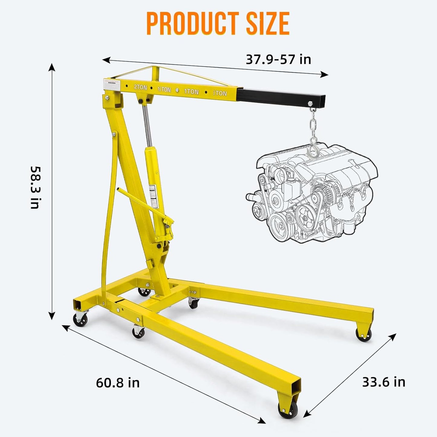 2 Ton Engine Hoist, 4000 Lbs Heavy Duty Folding Cherry Picker Engine Lift Hydraulic Tilting Engine Shop Crane with 6 Iron Caster Wheels Telescopic Boom Hitch,Yellow