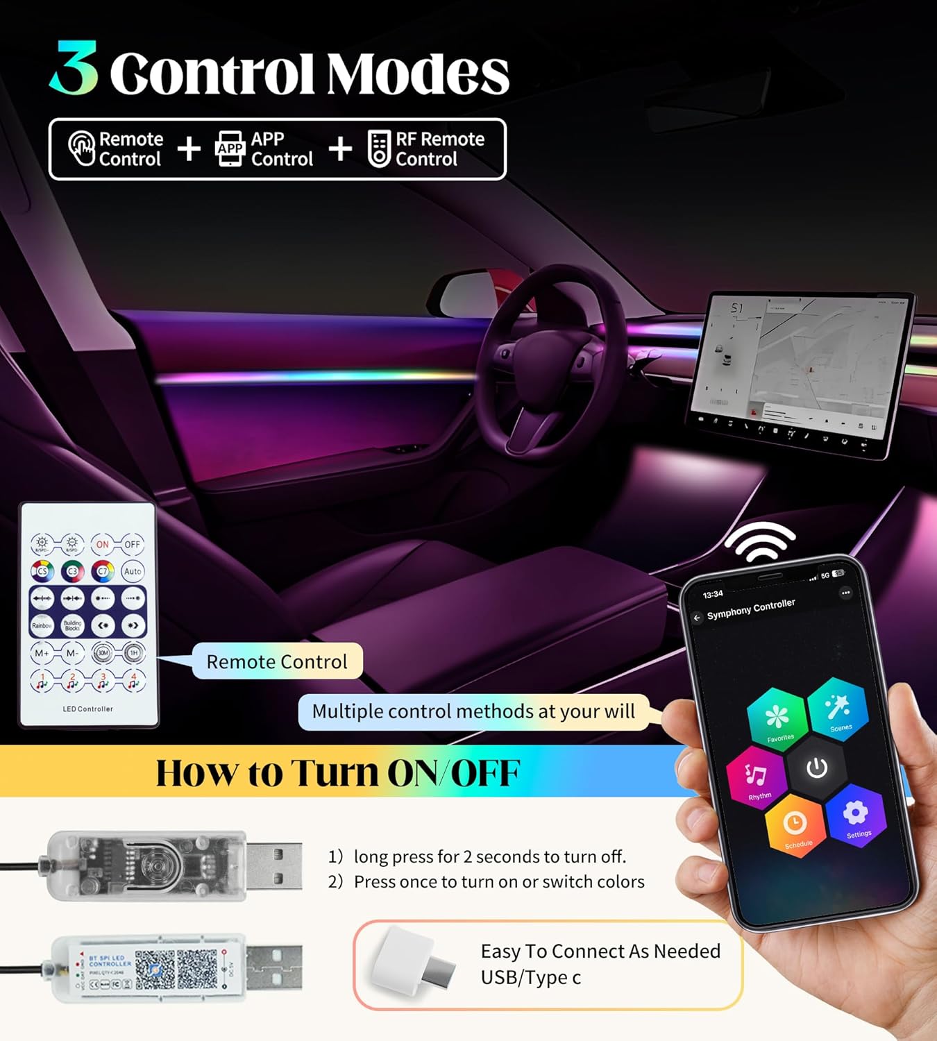 KENANEK Acrylic Interior Car LED Strip, 55.12-inch USB/Type C Interface Colorful car Ambient Lights kit，Supporting Wireless Control Modes，with 16 Million Color Options