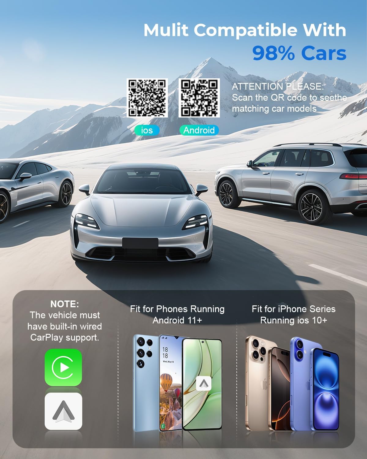 Wireless CarPlay Adapter for iPhone/Android Auto Wireless Adapter, Support Netflix/YouTube/TF Card, Plug and Play, Carplay Adapter Fit with iPhone8+/iOS 10+/Android 11+