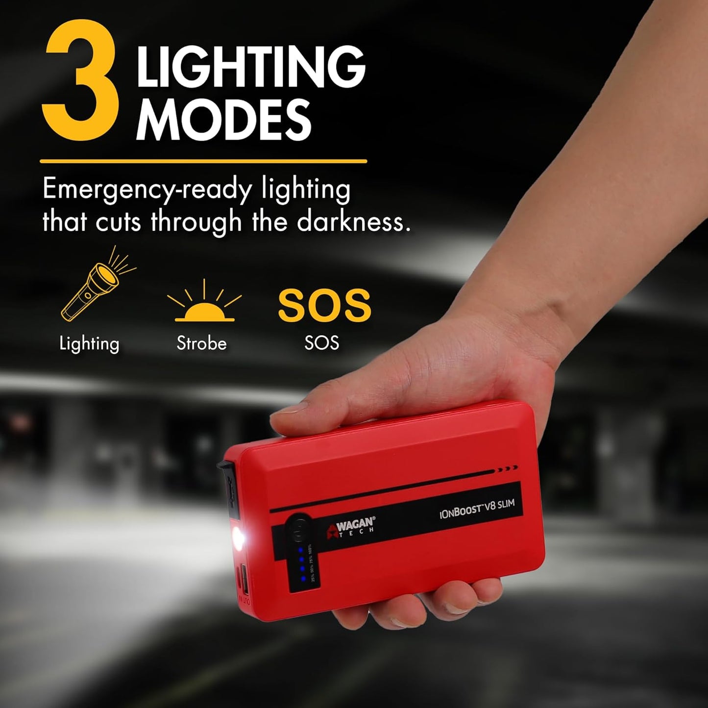 Wagan EL7601 iOnBoost V8 Slim Jump Starter 1200A Peak 12V Portable Lithium Car Battery Booster for Up to 4.0L V8 Gas or 2.0L Diesel 12V Jump Pack with USB Power Bank and LED Light