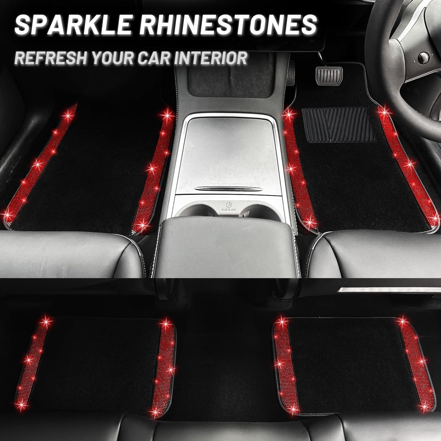 NBTEPEM Red Bling Car Floor Mats Full Set, Universal Fit Most Cars,SUV, Trucks, 4 pcs Sparkle Glitter Diamond Carpet for Women Girls with Anti-Slip Pad (Red Diamond)