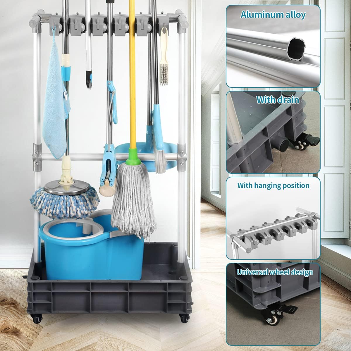 Broom And Mop Holder Put Wet Mops Movable Floor-Mounted Mop Rack Floor Standing Cleaning Tool Cart Storage For Garden Garage Schools, Hospitals, Factories, Hotels,Property Companies (12racks)