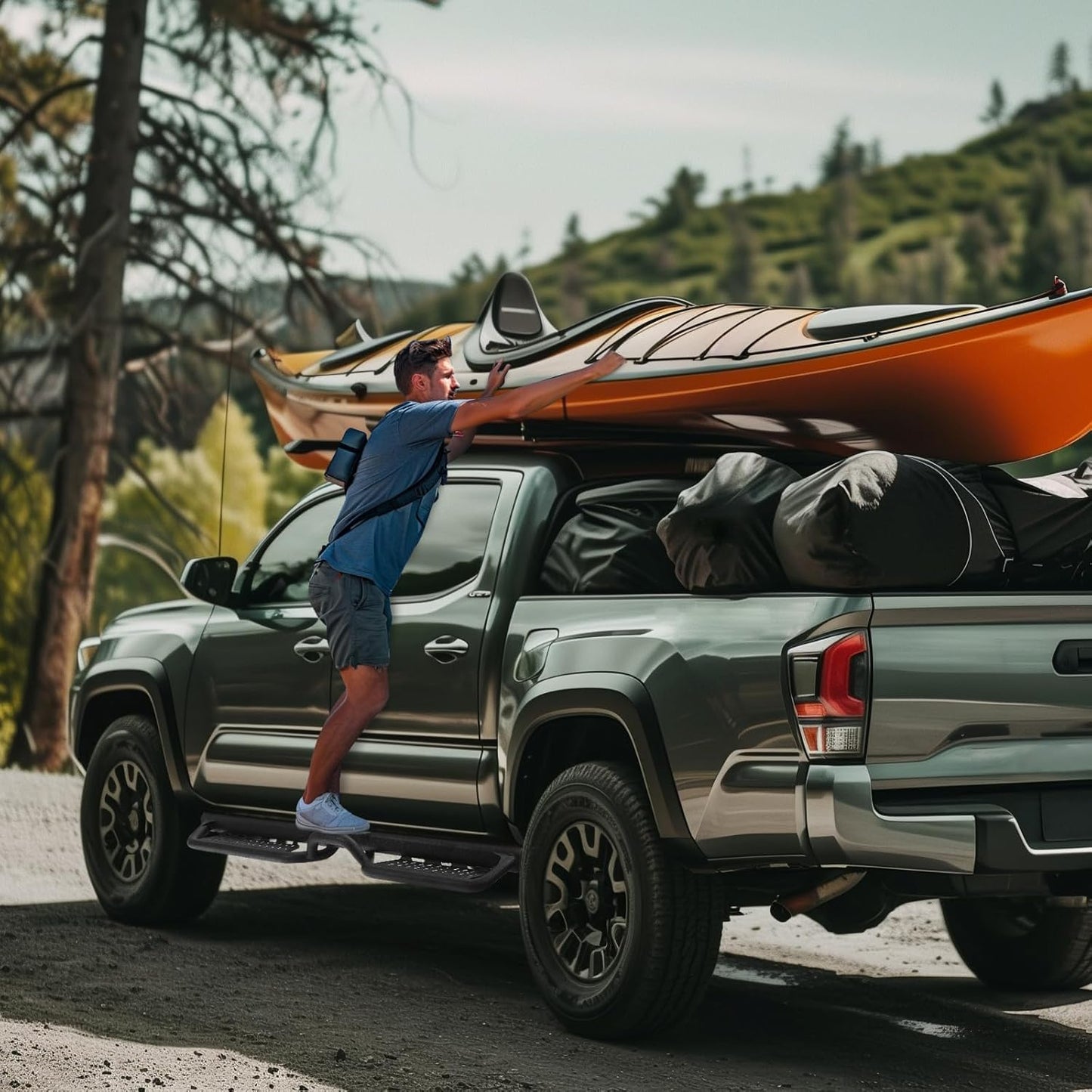 Running Boards Compatible with Vehicle 2004-2025 Nissan Titan Crew Cab, 2016-2025 Titan XD Crew Cab, Two-Stair Side Steps, 6 Inch Black Step Bars, Truck Nerf Bars with Middle Steps.