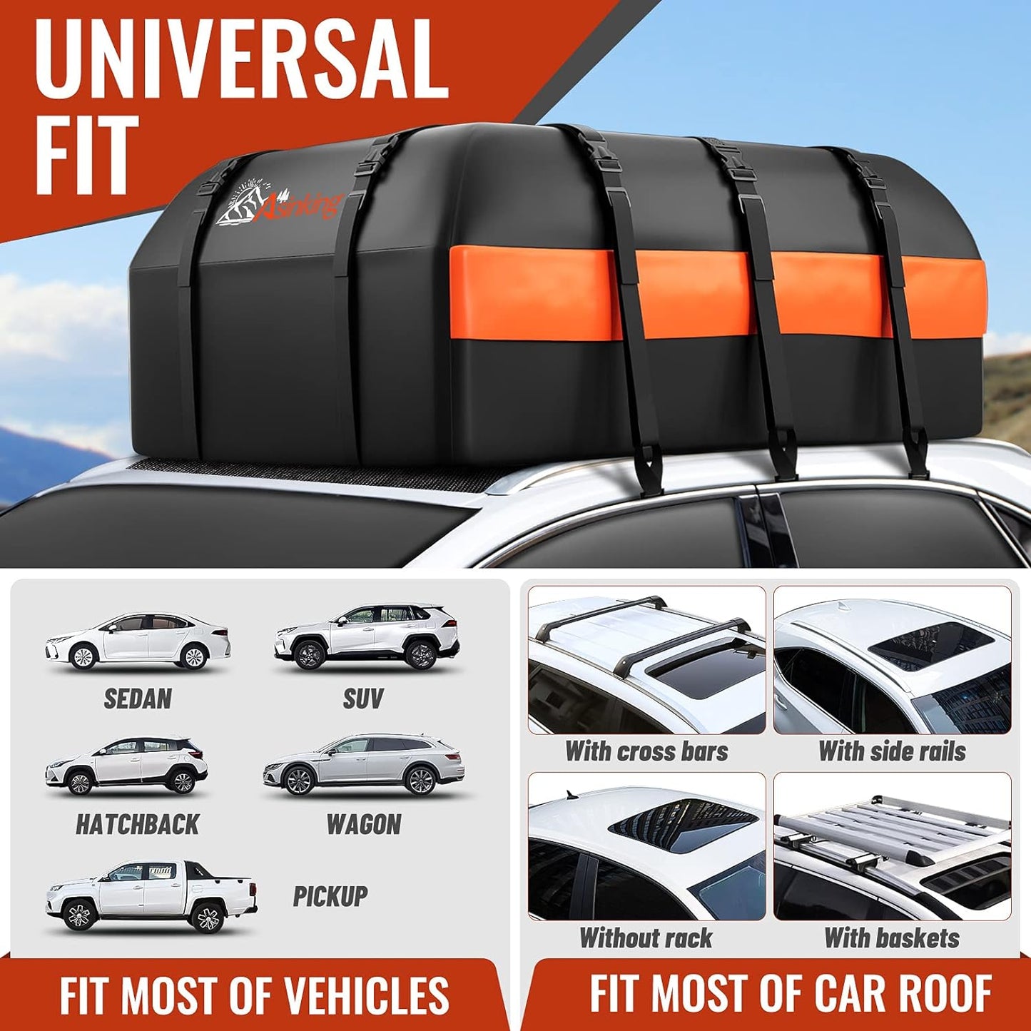 Car Rooftop Cargo Carrier - 21 Cubic Feet, 100% Waterproof Heavy Duty 840D Car Roof Bag for All Vehicles with/Without Racks - Anti-Slip Mat, 6 Door Hooks, Storage Bag, 2 Extra Straps