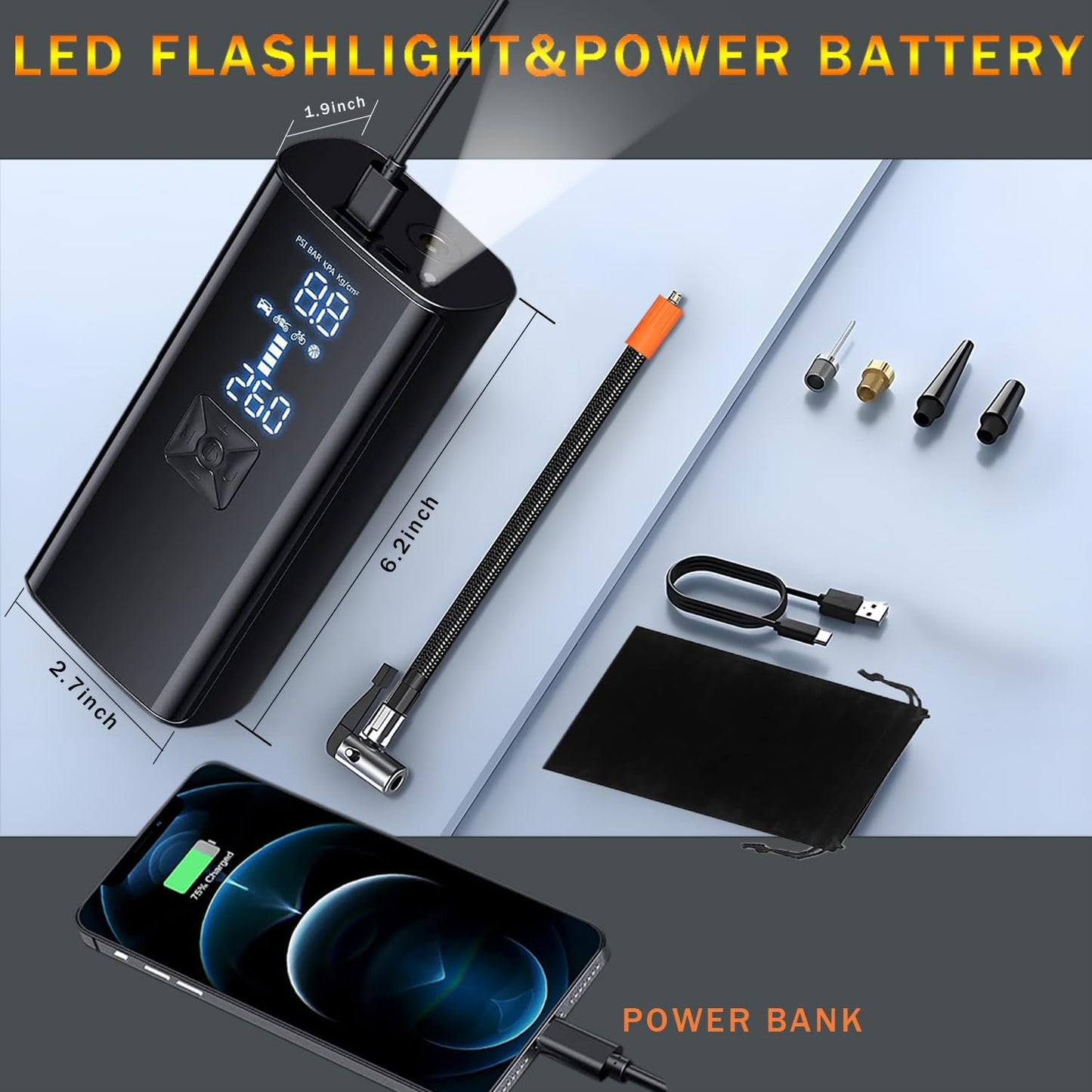 Portable Cordless Tire Inflator Air Compressor Pump for Car Motorcycle Bicycle Digital Pressure Gauge Shut Off LED Light 150PSI Fast Inflation for Tires Balls Sports Equipment