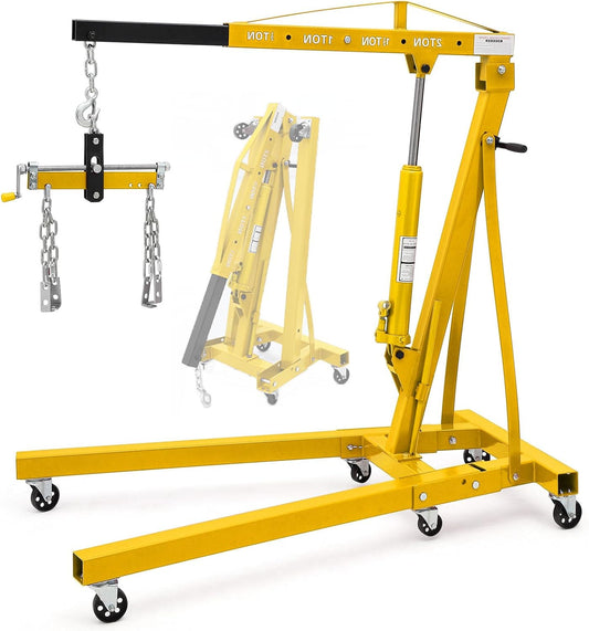 Engine Hoist with Lever, 2 Ton 4000 Lbs Heavy Duty Folding Cherry Picker Engine Lift Hydraulic Tilting Engine Shop Crane with 6 Iron Caster Wheels Telescopic Boom Hitch,Yellow
