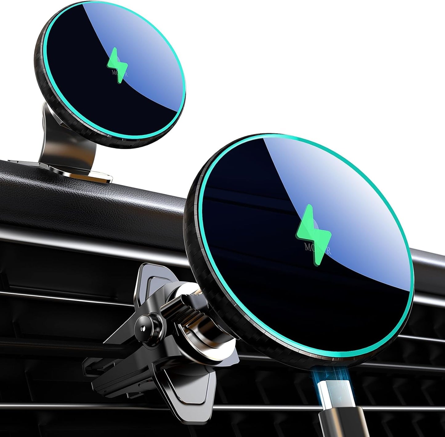 MOKPR for Magsafe Car Mount Charger-15W Wireless Car Charger-Magnetic Car Phone Holder for Dash Air Vent-LED RGB HandsFree Car Mount Fast Car Charger for iPhone 14/13/12 Series Carbon Fiber