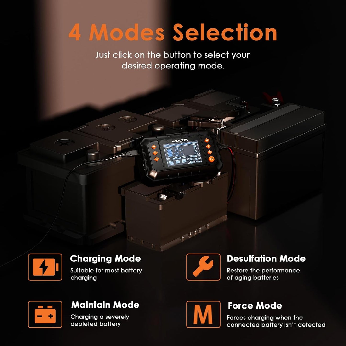 WAVLINK Smart Battery Charger, 20-Amp, Car Battery Charger with LCD Display, for 6V/12V/24V Lead-Acid/Lithium/LiFePO4 Batteries, Trickle Battery Maintainer and Desulfurizer for Car, Boat, Motorcycles