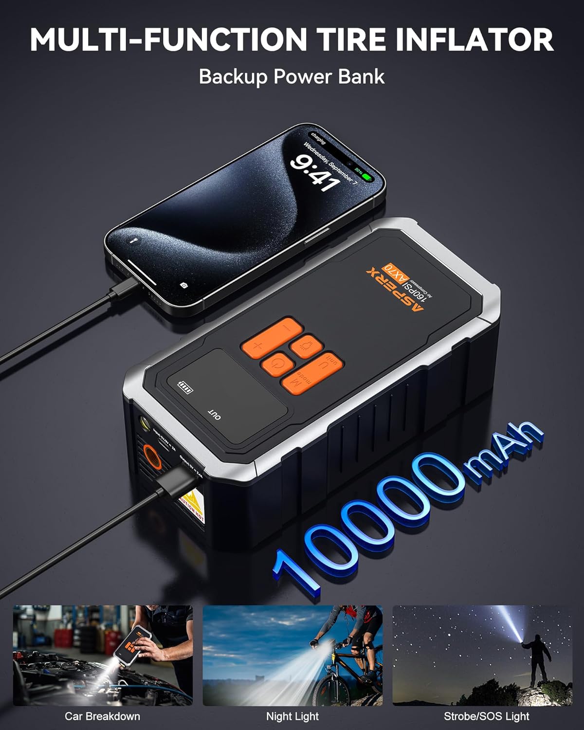 AsperX 160PSI Cordless Tire Inflator Air Compressor – Portable Rechargeable Air Pump with LCD Display, Auto Shut Off, LED Light & Carrying Case | Fast Inflation for Car Tires, Bike, Motorcycle, Balls