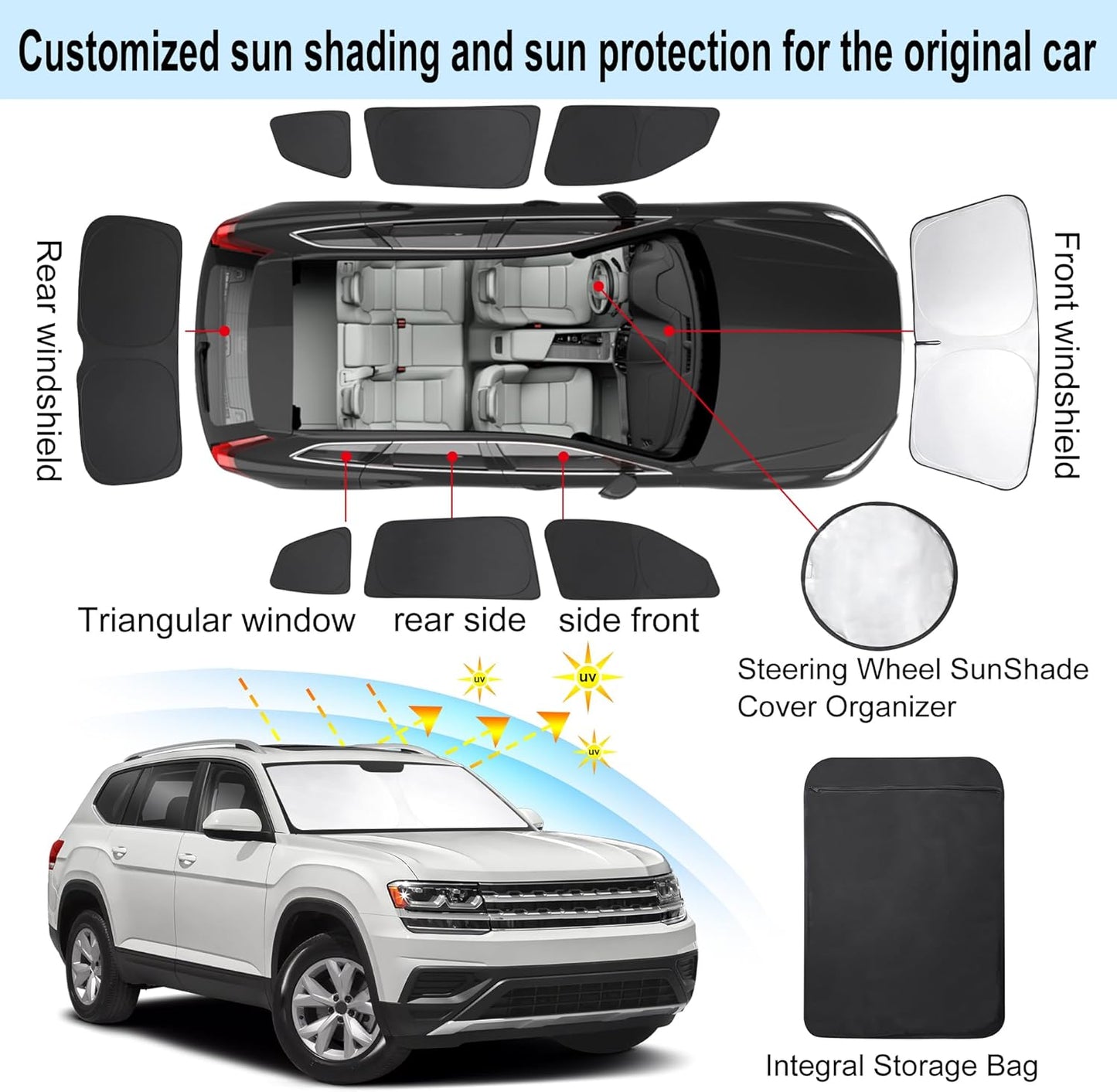 TINGLU Window Shades for Volkswagen VW Atlas 2018-2024 2025 Accessories Car Side Full Windows Rear Triangular Windshield Sun Shade Sun UV Rays Privacy Protection for Camping,Napping,and Relaxing 8PCS