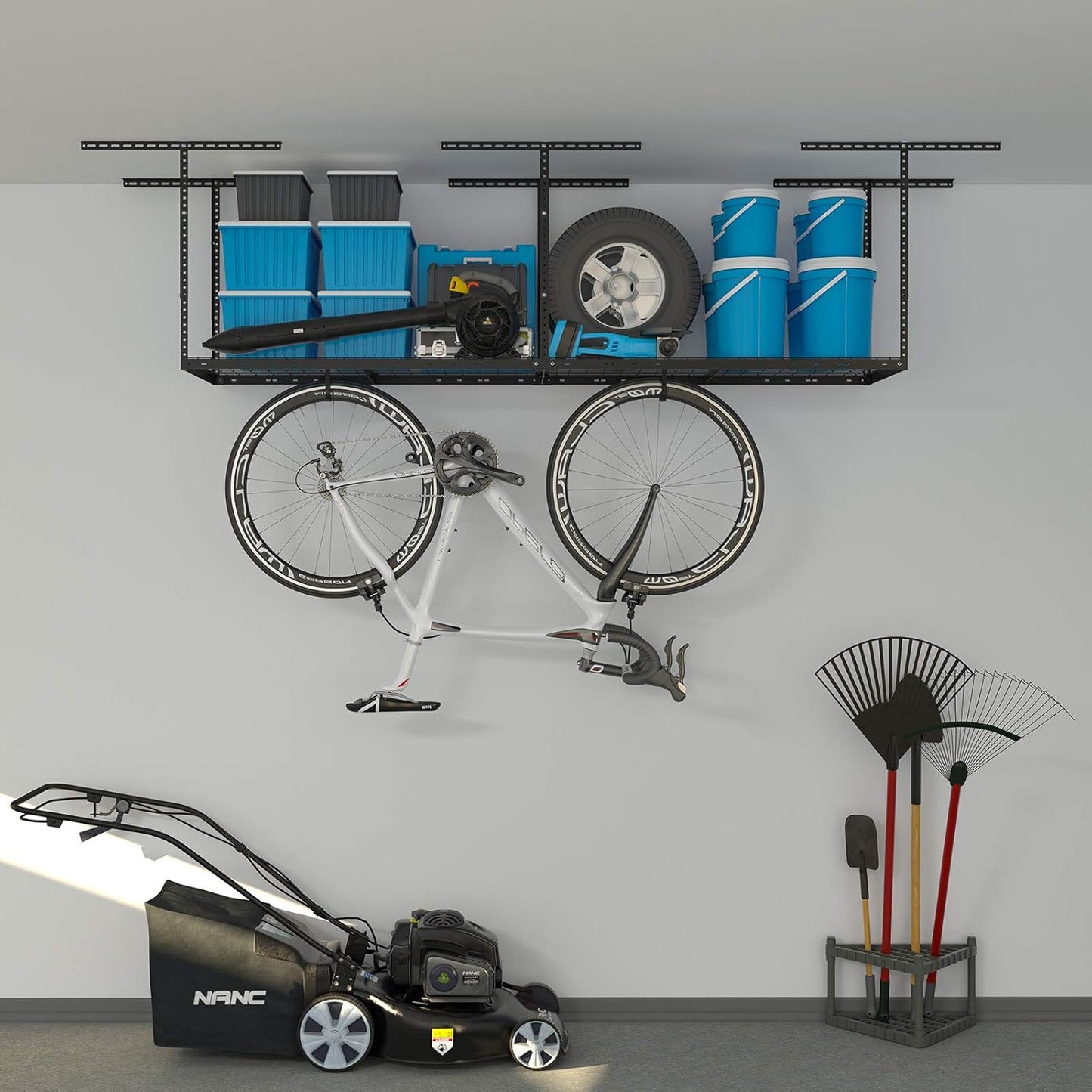 2ftx8ft Overhead Garage Storage Rack, Heavy-Duty Metal Garage Ceiling Storage Rack, 22''-40" Adjustable Ceiling Drop-Down, 400 lb. Loading Weight Capacity, Black