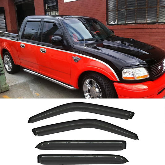 94949 Side Window Wind Deflector,4pcs Out-Channel Tape On Dark Smoke Rain Guards, Window Visor fit for Ford F-150 2001-2003 Crew(SuperCrew) cab Pickup,2002-2003 Lincoln Blackwood