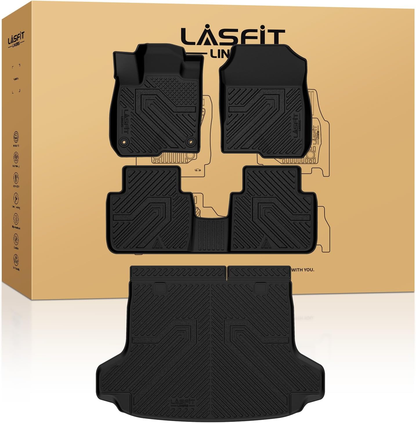 LASFIT Floor Mats & Cargo Liner for Honda HRV 2026 2025 2024 2023 (Gasoline & Hybrid) & for Acura ADX 2025, All Weather TPE Custom Fit HR-V Floor Liner Accessories, 1st & 2nd Row & Trunk Mat, Black