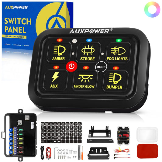Auxpower 6 Gang Switch Panel Toggle Momentary Pulsed Led Switch Panel RGB Dimmable Switch Panel Auxiliary Circuit Control Relay System Automotive Switch Panel for Truck Boat Car(RGB A26 Switch Panel)