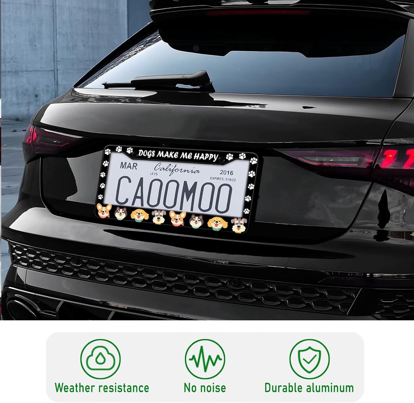 Dogs License Plate Frame, Lovely Puppies Dogs Paws Printed License Plate Holder Cover, Dogs Make Me Happy Metal Aluminum Rustproof Car Accessories for Women Men 2 Holes with Screw Caps