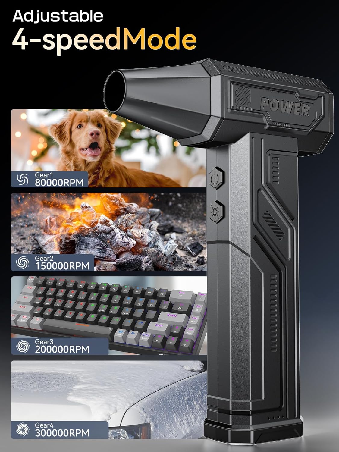 Electric Air Duster, 300000RPM 4-Gear Adjustable Compressed Air Duster with Light, Rechargeable Brushless Motor Air Blower for Keyboard, PC, Car, and Home Cleaning Reusable Replaces Compressed Air Can