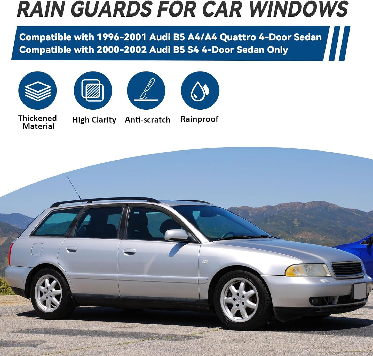 4pcs Front+Rear Smoke Tint Sun/Rain Guard Outside Mount Tape-On Vent Window Visors Compatible with 96-01 B5 A4/A4 Quattro 00-02 S4 4-Door Sedan