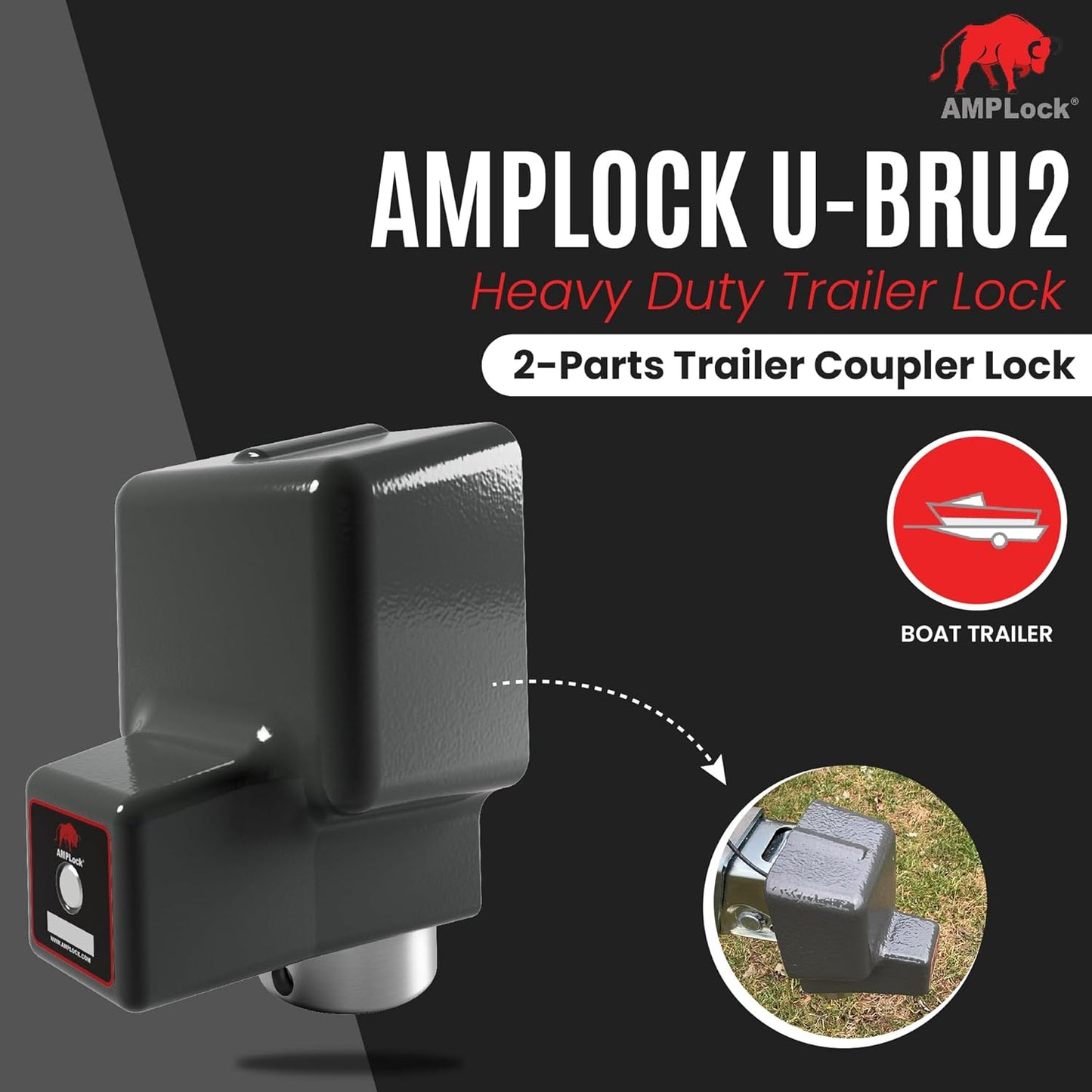 AMPLock - U-BRU2 2" Heavy Duty Ball Coupler Lock - Square Edge Design - Patented Boat Travel Trailer Hitch Locks, 2-Parts Anti Theft Trailer Hitch Lock - RV Accessories, Push & Locking System